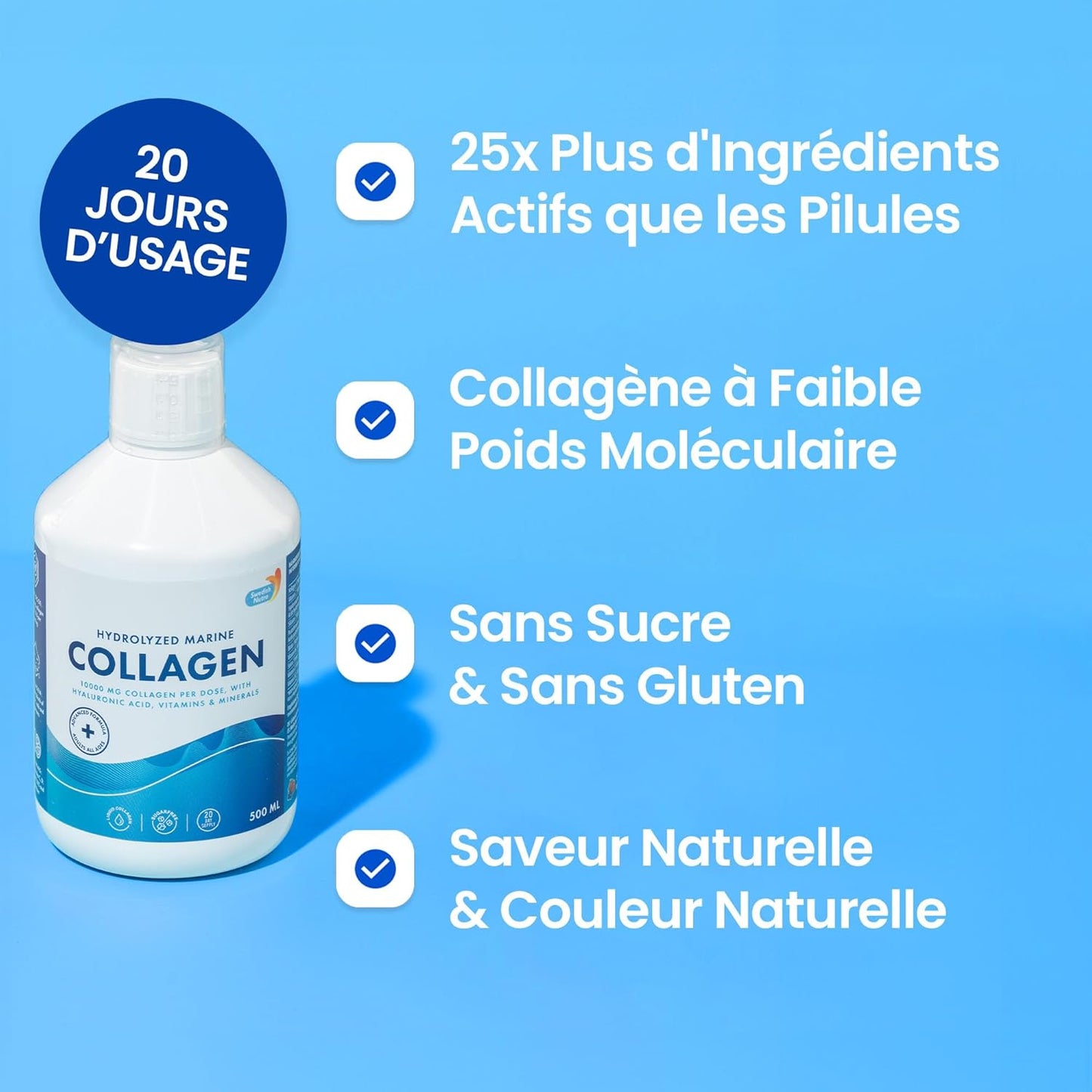 Swedish Nutra Collagène Marin 10 000 mg sans Sucre 500 ml | Peptides de Collagène Hydrolysé Pur (Type I & III)