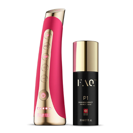 FOREO FAQ™ 102 - EMS & radiofréquence (RF) & luminothérapie LED - Rajeunissement complet du visage à domicile + Primer au miel de Manuka